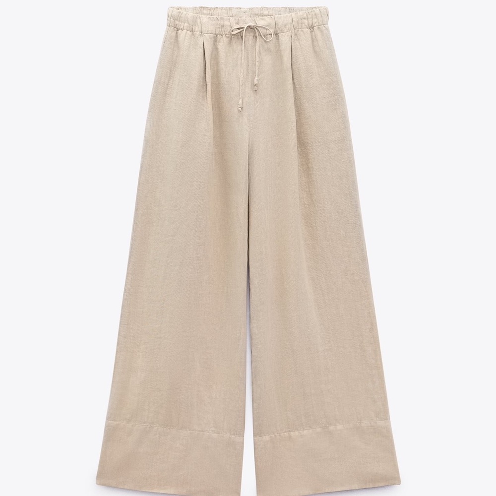 Zara Sandy-Beige Palazzo Linen Pants